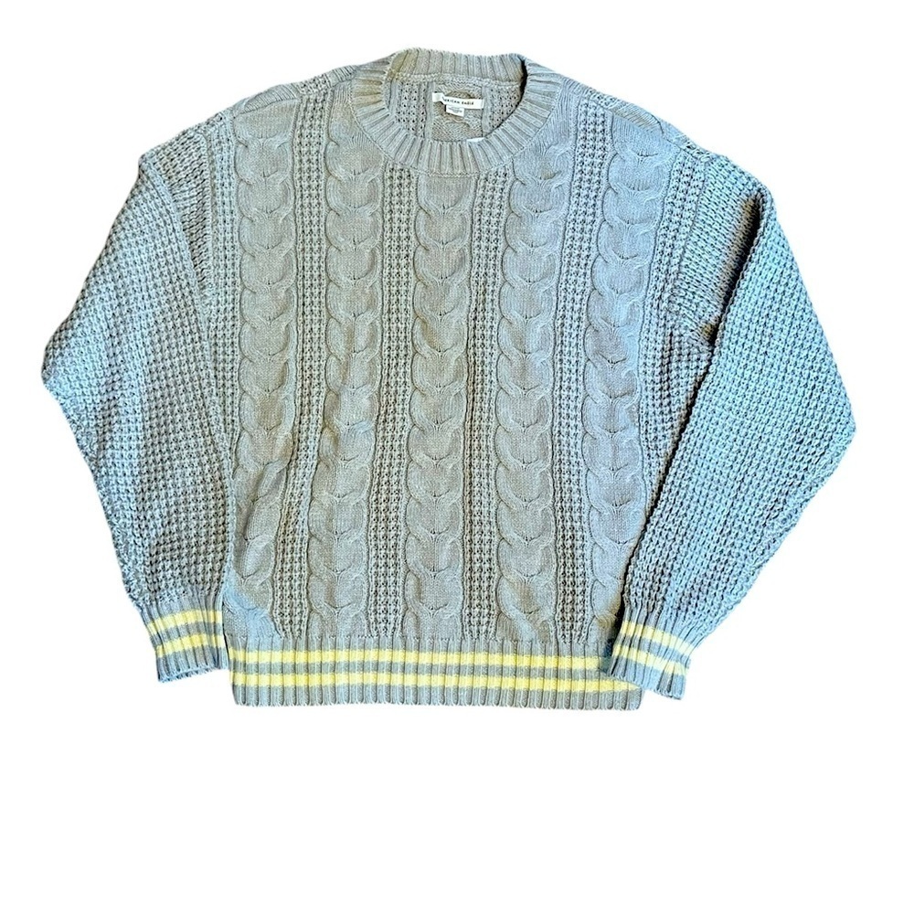 American Eagle Light Blue Cable Knit Sweater with Yellow Stripes Sz M